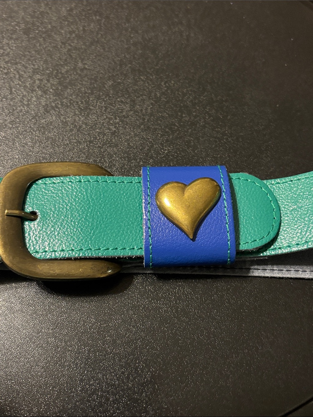 Teal Leather with Blue Keeper and Brass Heart Accent Luxury Belt